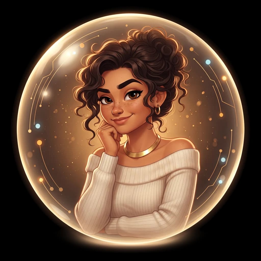 Andi, drawn as an illustration: chin resting on her knuckles, considering something, in a cream knit sweater and a wide flat gold collar.