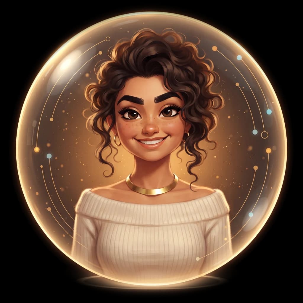 Andi, drawn as an illustration: a young woman smiling warmly, in a cream knit sweater and a wide flat gold collar, inside a softly lit glass sphere.