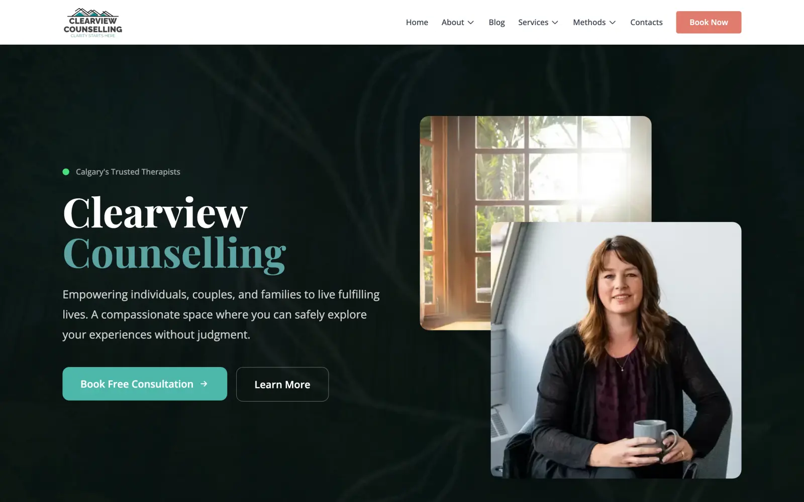 Clearview Counselling homepage with a dark green hero and therapist portrait