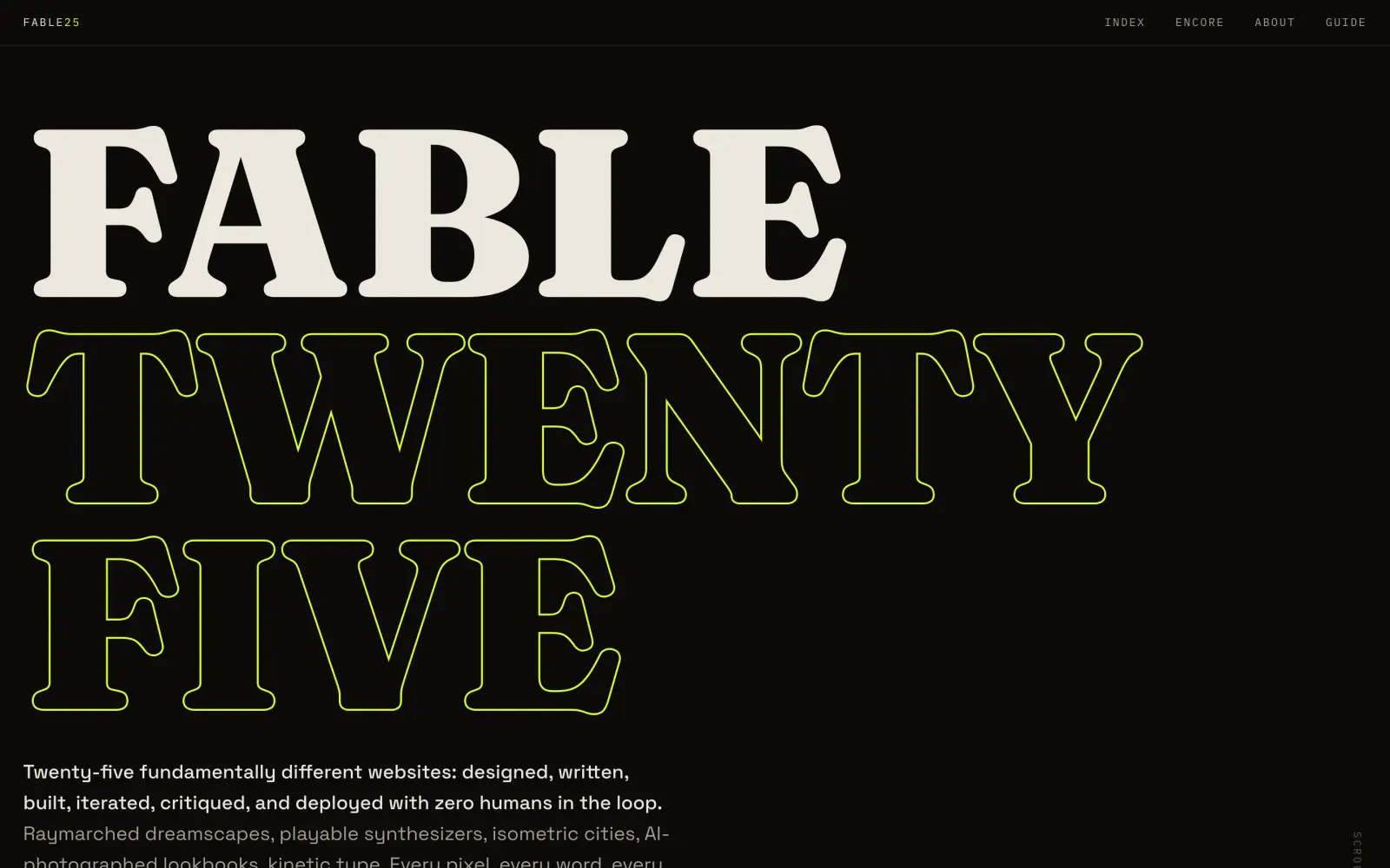 FABLE TWENTY FIVE title screen in heavy cream and acid green type on black