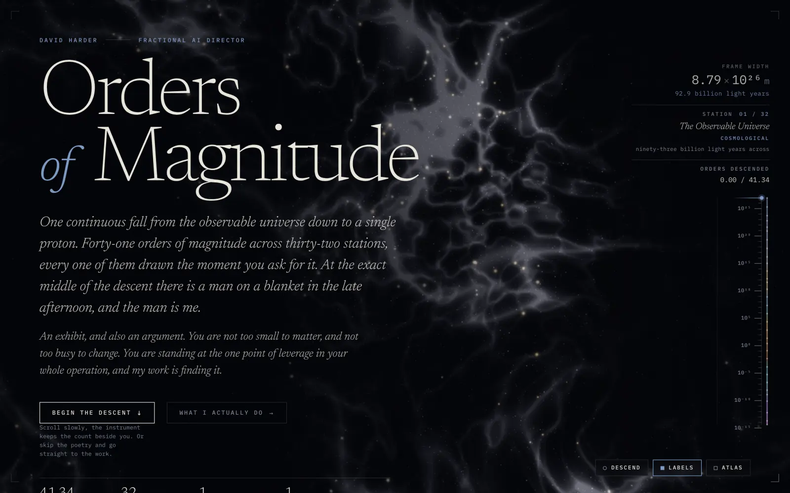 Orders of Magnitude, a dark cosmological exhibit with an instrument panel