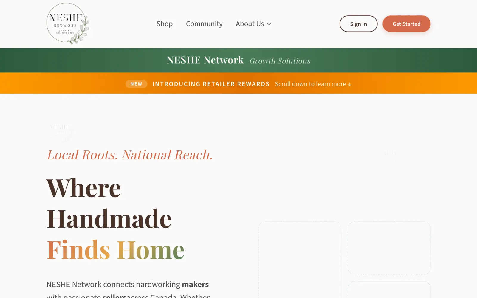 NESHE Network marketplace homepage, Where Handmade Finds Home