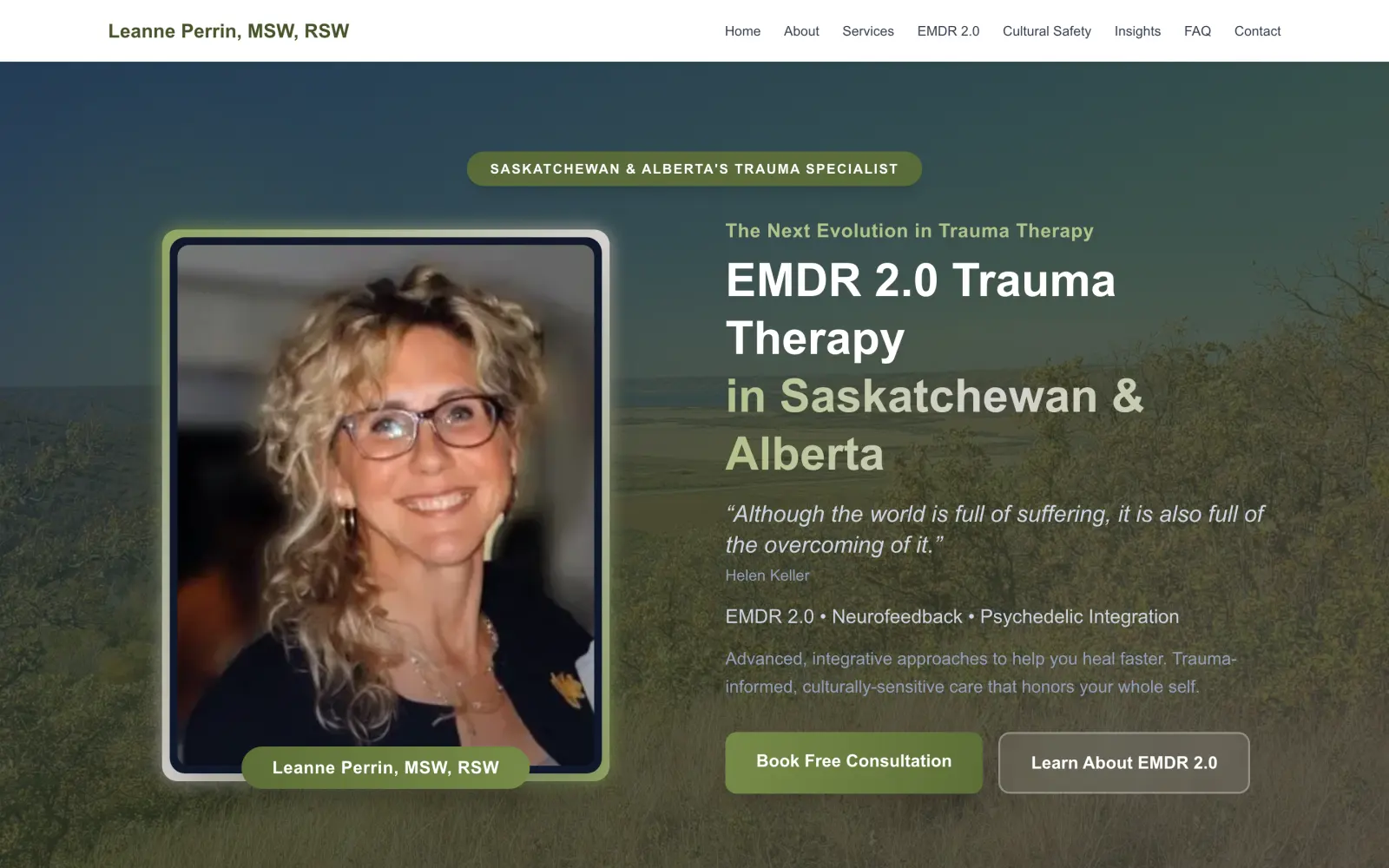 Leanne Perrin trauma therapy homepage with prairie landscape