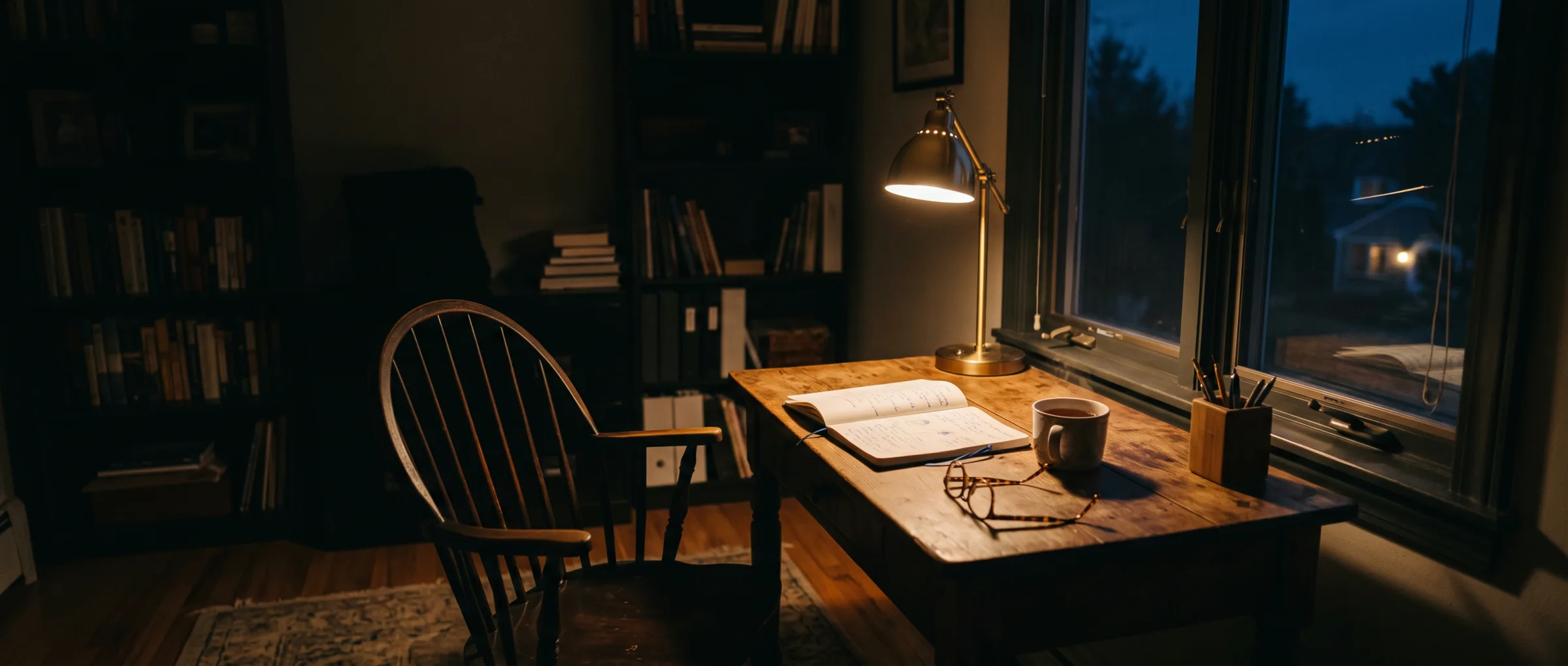 A desk at the end of the night: a brass lamp lit over an open notebook, a cup of tea, reading glasses set down, and the chair pushed back.