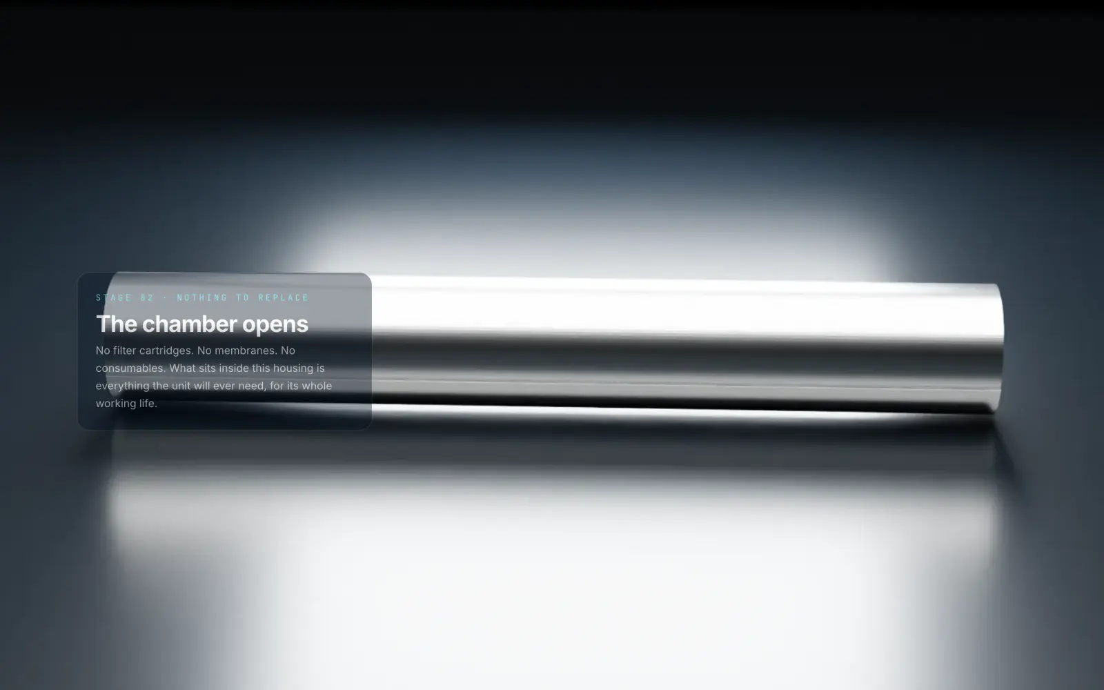 A polished steel water treatment chamber opening in a dark studio render