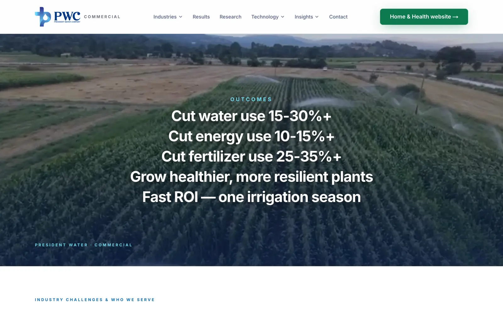 President Water commercial site showing irrigation outcome figures over farmland