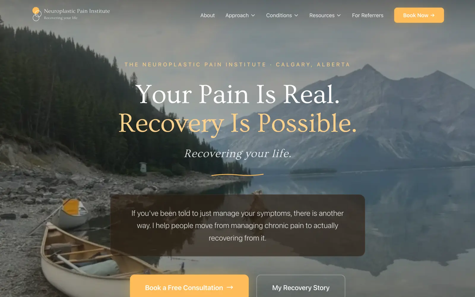 The Neuroplastic Pain Institute homepage, a canoe on a mountain lake at dusk