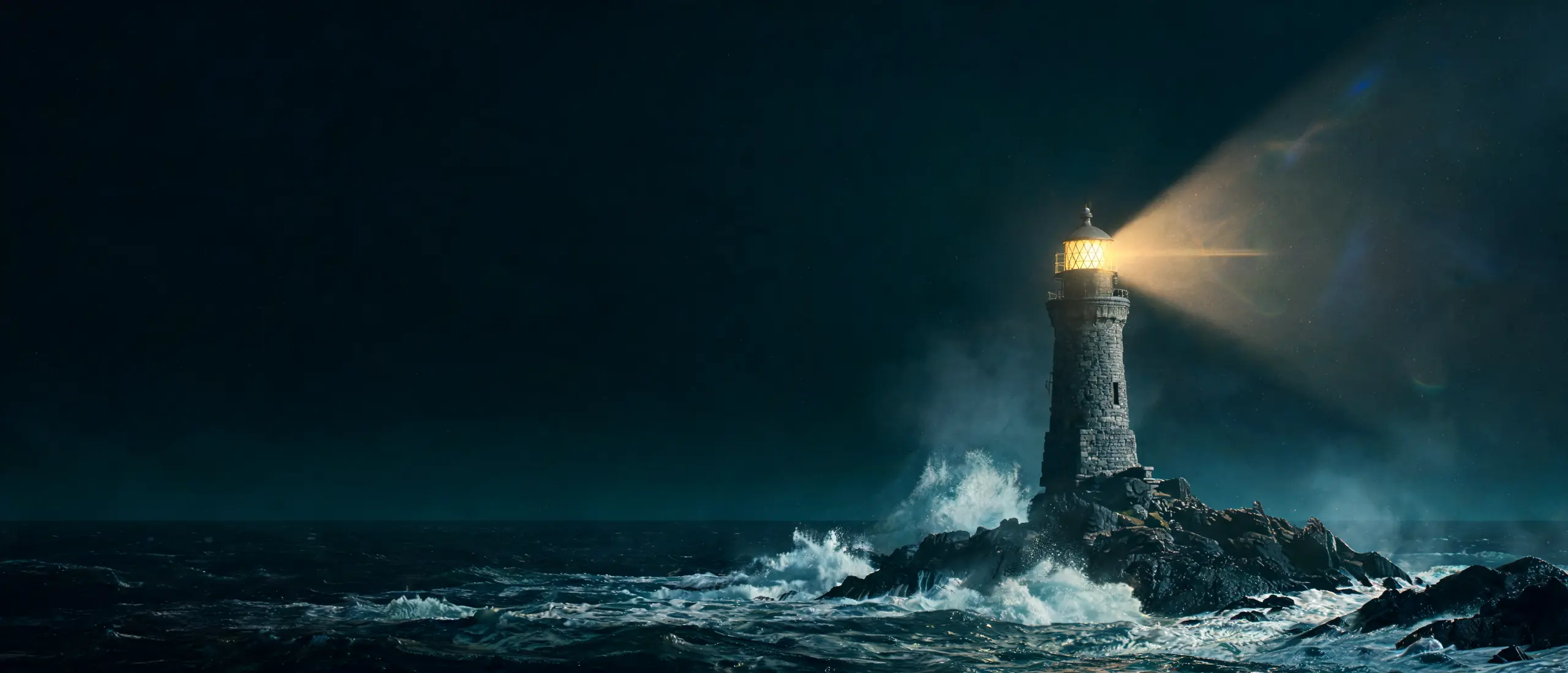 A stone lighthouse on dark rock at night, its golden beam cutting through sea mist